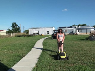 Come Mow with Me - CURVY Housewife Cuts the Grass nearly NUDE in Sweet, Cotton THONG and bra Set