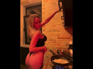 Sexy blonde teasing curves in kitchen thong????