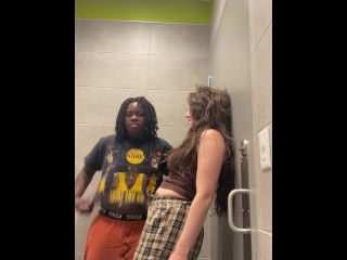 Interracial lesbian amateurs have fun in restaurant bathroom