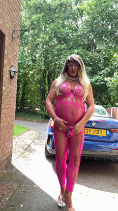 Sexy Crossdresser Kellycd2022's in Pink Fishnet Catsuit and Heels