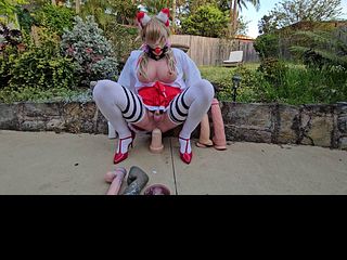 Chastity fox ninja cosplay and huge anal dildo destruction